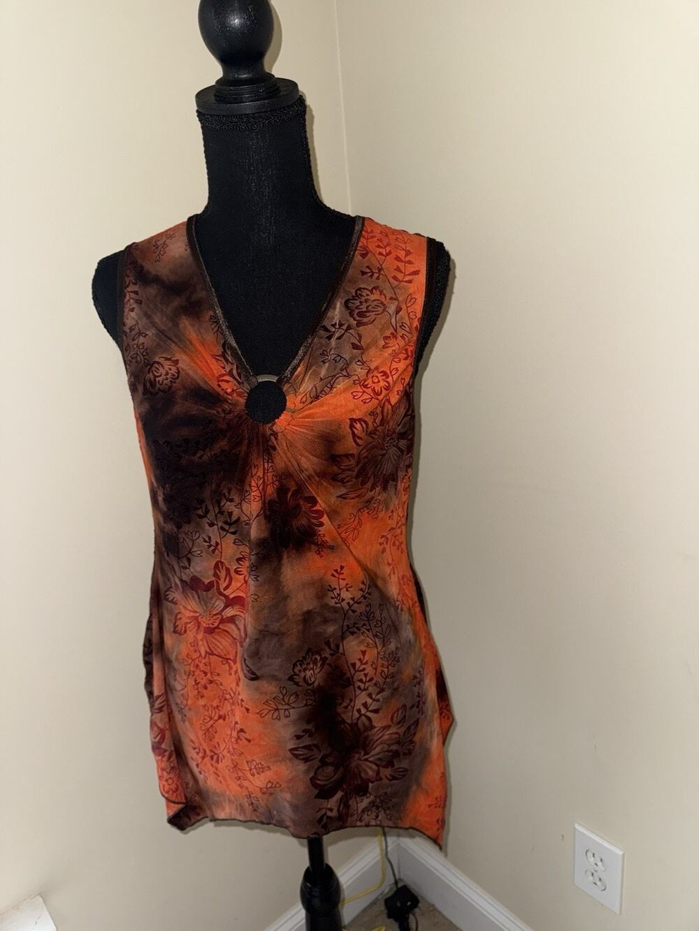 Vintage 90’s Y2K Top V Neck Sleeveless Tank Top Orange Brown Velvet Trim MED